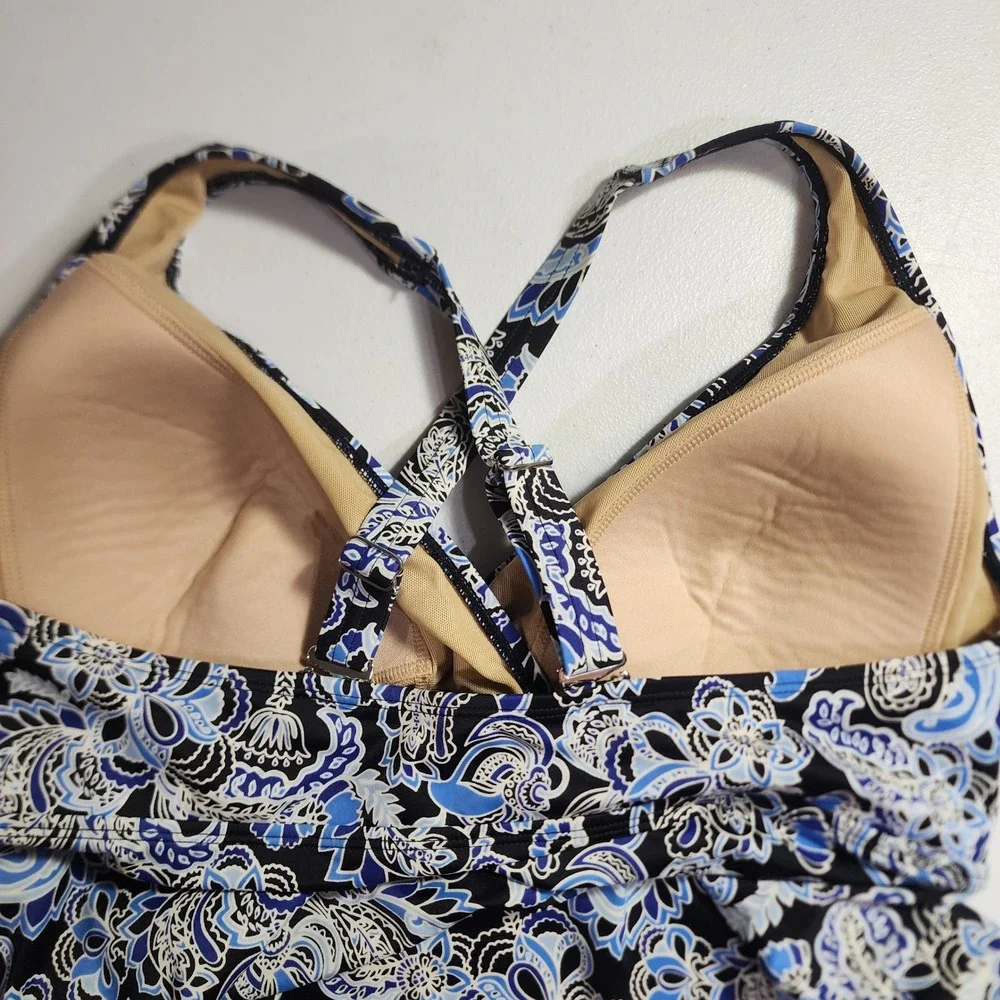 LL Bean Blue Paisley Tankini Swim Top UPF 50+‎ Size 14 pad bra adjustable straps
